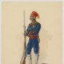 aquarelle d'un caporal tirailleur sénégalais, armé et en costume bleu et rouge