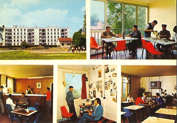 Carte postale du foyer Sonacotra d'Argenteuil (53, avenue du Parc). La carte est divisée en cinq vignettes. Elles présentent une vue d'ensemble et extérieure de l'immeuble, différents espaces communs et de vie du foyer, ainsi qu'une chambre où sont réunis deux habitants dans la partie inférieure centrale.