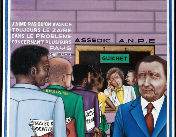 Chéri Samba, Assédic-ANPE, 1982, acrylique sur toile, 91,7 cm x 72,4 cm. Collection du Musée national de l'Histoire de l'immigration