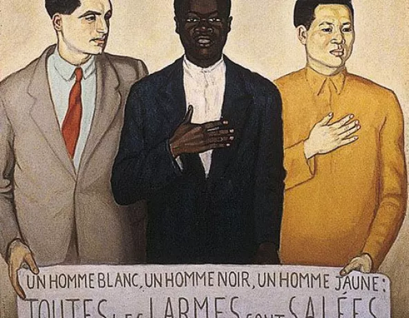 Au premier plan, trois hommes, un européen, un africain et un asiatique aisément identifiables par leur physionomie et leurs tenues stéréotypées sont représentés en train de tenir une banderole blanche sur laquelle est inscrite en lettrage noir une citation de du poète d’origine russe Claude Aveline : «&nbsp;Un homme blanc, un homme noir, un homme jaune : toutes les larmes sont salées&nbsp;». En partie haute, une femme de dos se cache le visage.
