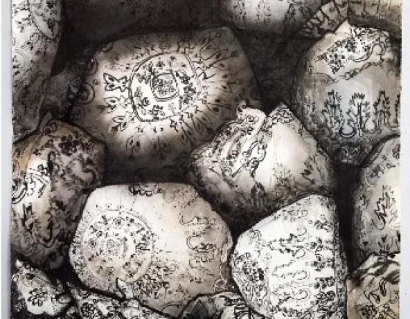 Khaled Takreti, Les balluchons, 2016, dessin à l'encre de Chine noire sur papier, 211 cm x 148 cm, Musée national de l'histoire de l'immigration, inv. 2020.22.1