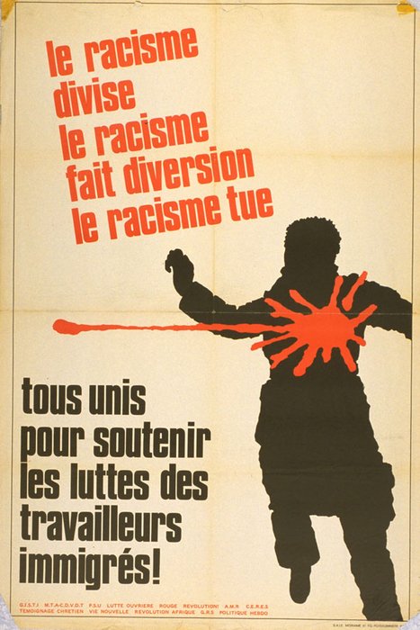Illustration anonyme pour une affiche produite en 1974 par un collectif de mouvements et d’organes de presse de gauche © Musée national de l’histoire et des cultures de l’immigration