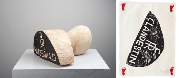 Barthélémy Toguo, Clandestin, 2010. Tampon (sculpture en bois 21 x 40 x 40 cm) et empreinte (gravure sur bois 51 x 38,5 cm). 