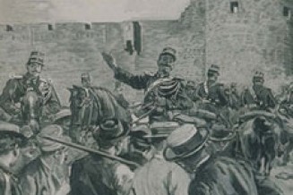 "Aigues-Mortes. La porte de la reine : collision entre les ouvriers français et italiens". Gravure publiée dans Le Monde illustré, 2 novembre 1893 © Collection Kharbine-Tapabor