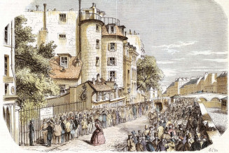 Paris 1851, les étrangers résidant dans la ville font la queue devant la Préfecture de Paris (actuel quai des Orfèvres) pour se faire délivrer des permis de résidence instaurés en septembre 1851. Lithographie en couleur © Eyedea/Keystone