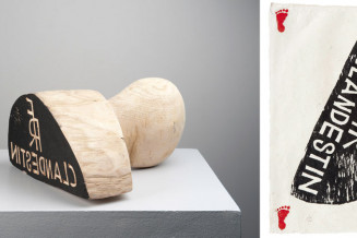 Barthélémy Toguo, Clandestin, 2010. Tampon (sculpture en bois 21 x 40 x 40 cm) et empreinte (gravure sur bois 51 x 38,5 cm). 