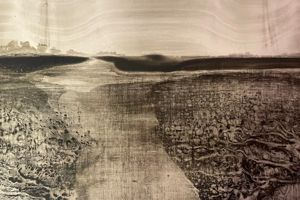 Peinture Kamel Khélif, dans le coeur des autres, prairie et petit chemin