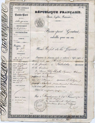 Passeport gratuit délivré le 26/02/1852 par la préfecture de Bordeaux. Il autorise le réfugié polonais Ignace Wobleski, à circuler librement entre Bordeaux et Labrède. © cliché A.M. Bordeaux-photographe Bernard Rakotomanga-3629 I 1