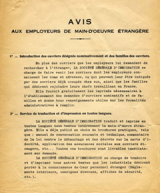 Avis aux employeurs de main-d'œuvre étrangère, Société Générale d'Immigration © Photothèque Centre Historique Minier du Nord Pas-de-Calais, Lewarde